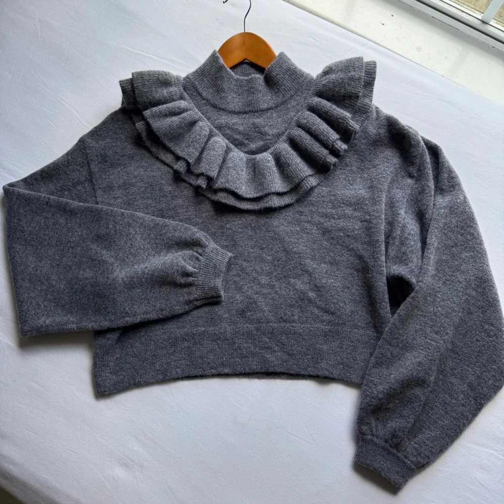 Free People Gray Wool Alpaca Blend Ruffle Mock Neck Balloon Sleeve Sweater S
